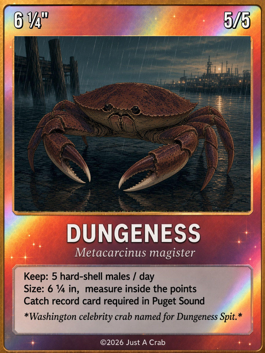 Dungeness crab holographic card: 6 ¼" Puget Sound minimum, Metacarcinus magister