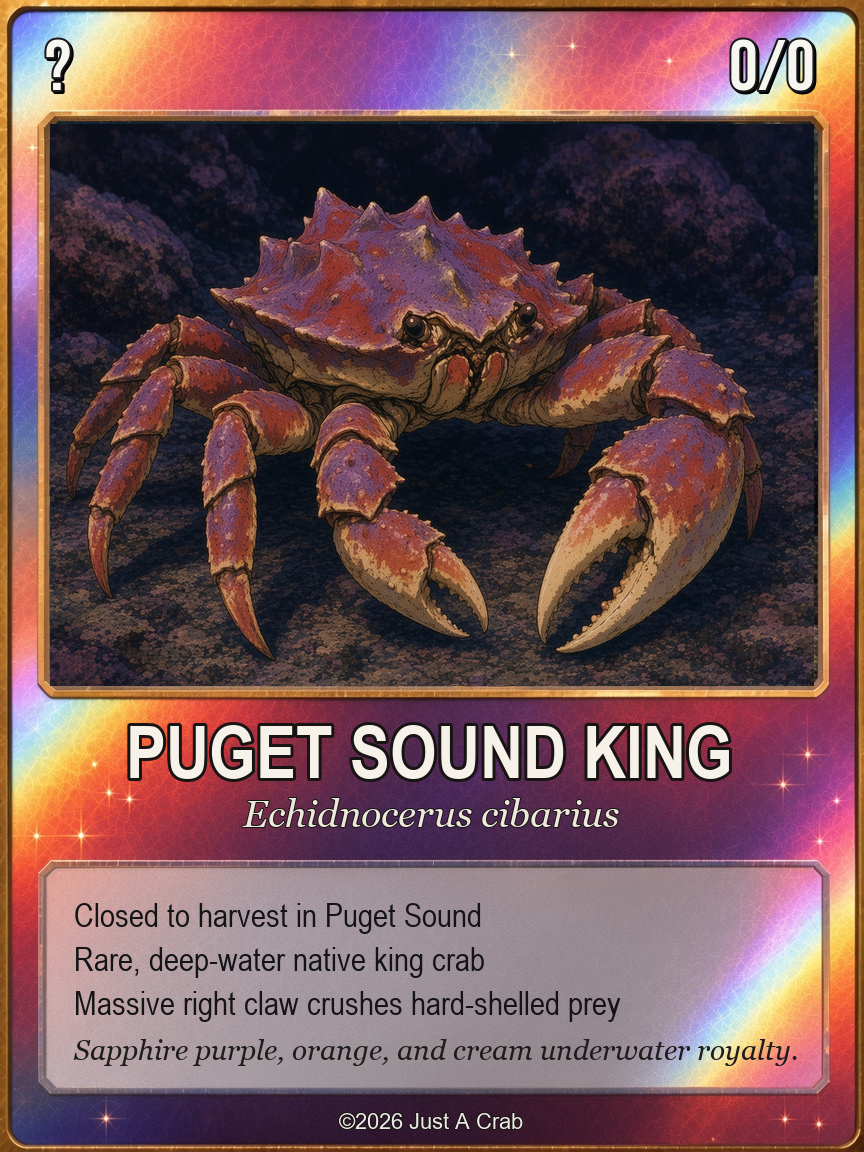 Puget Sound king crab purple holographic card: closed to harvest, Echidnocerus cibarius